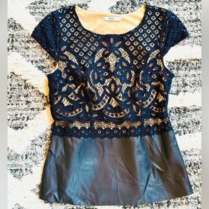 Bailey 44 Navy Lace and Faux Leather Peplum Top | Size L
